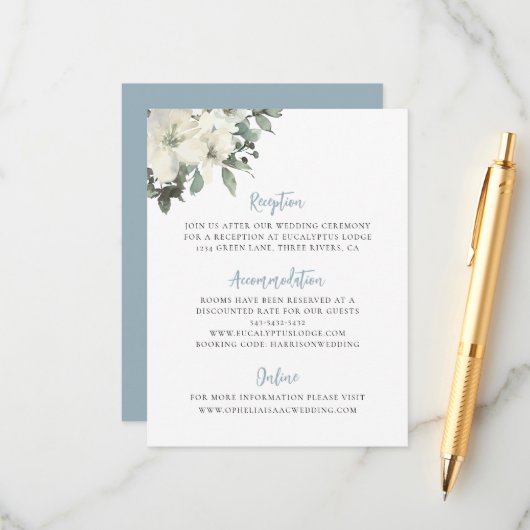 Dusty Blue Ivory Floral Wedding Enclosure Card Begleitkarte (Vorderseite/Rückseite Beispiel)