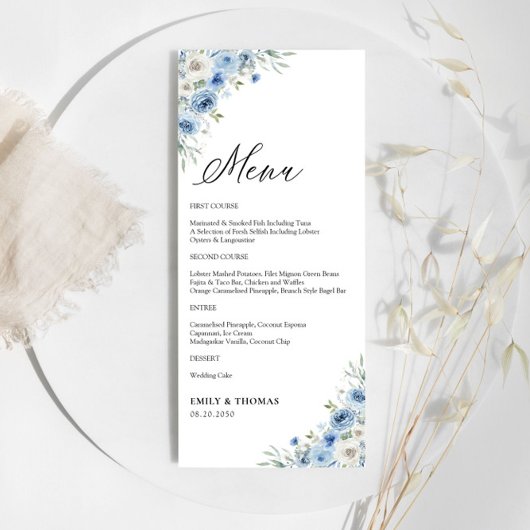 Dusty Blue Ivory Floral Wedding Menu Menükarte