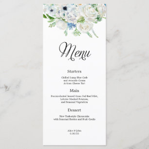 Dusty Blue Ivory Floral Wedding Menu Menükarte