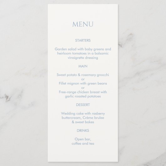 Dusty Blue & Ivory Mit Monogramm Wedding Menu Programm (Vorderseite)