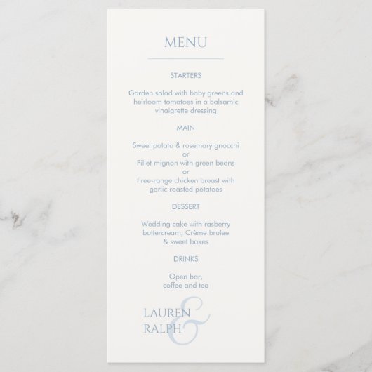 Dusty Blue & Ivory Mit Monogramm Wedding Menu Programm (Vorderseite)