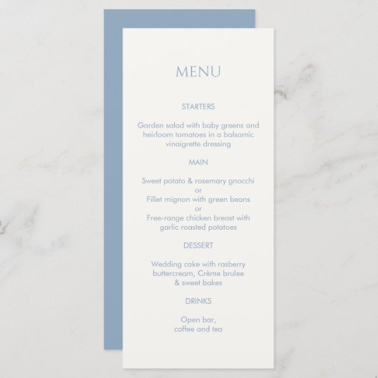 Dusty Blue & Ivory Mit Monogramm Wedding Menu Programm (Vorne/Hinten)