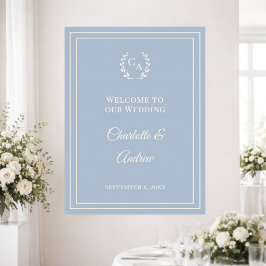 Dusty blue ivory monogrammed wedding welcome poster