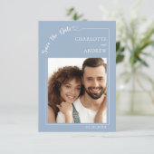 Dusty blue ivory photo wedding Save the Date (Stehend Vorderseite)