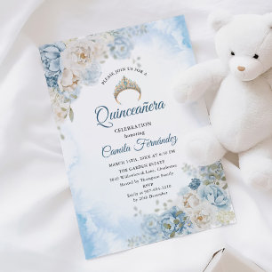 Dusty Blue Ivory Rose Blume Quinceanera Geburtstag Einladung