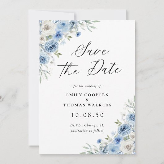 Dusty Blue Ivory Save the Date Card (Vorderseite)