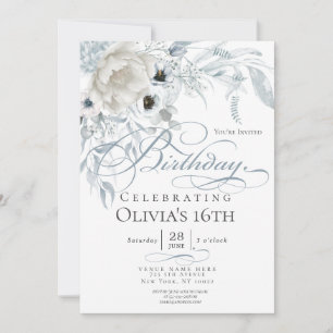 Dusty Blue Ivory Watercolor Peonies Birthday Einladung