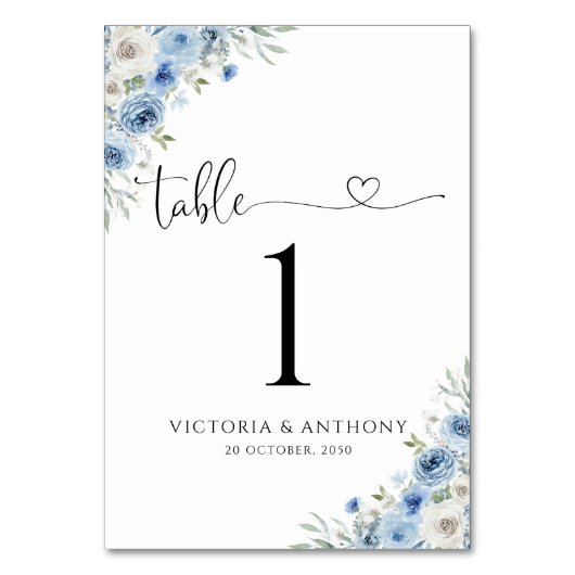 Dusty Blue Ivory Wedding Tischnummern (Vorderseite)