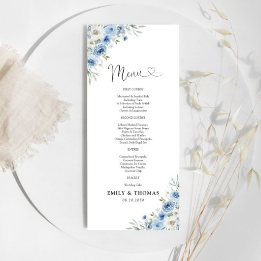Dusty Blue Ivory Wedding Zeremony Menu Menükarte