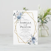 Dusty Blue Ivory White Gold Floral Wedding Einladu Einladung (Stehend Vorderseite)