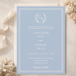 Dusty blue ivory wreath monogram luxury wedding  einladung