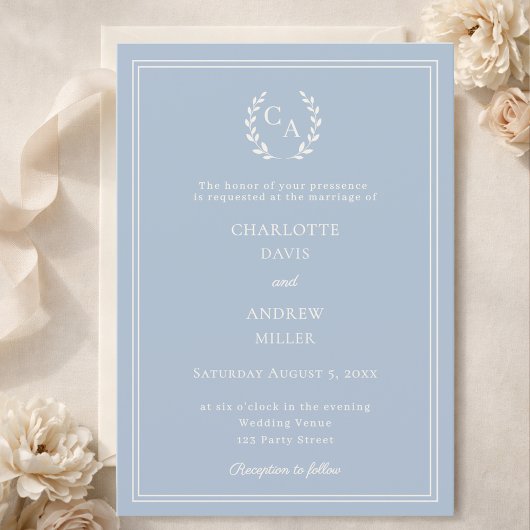 Dusty blue ivory wreath monogram simple wedding  einladung