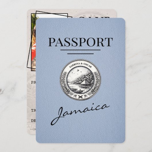 Dusty Blue Jamaica Passport Save the Date (Vorne/Hinten)