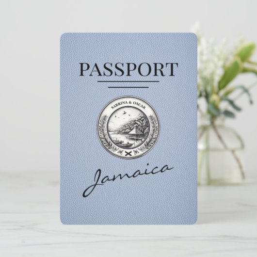 Dusty Blue Jamaica Passport Save the Date (Stehend Vorderseite)