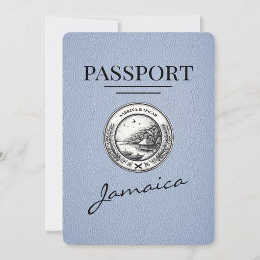 Dusty Blue Jamaica Passport Save the Date (Vorderseite)