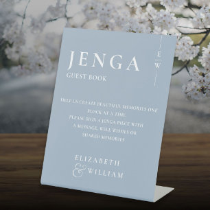 Dusty Blue Jenga Guest Book Minimalistisch Modern Sockelschild