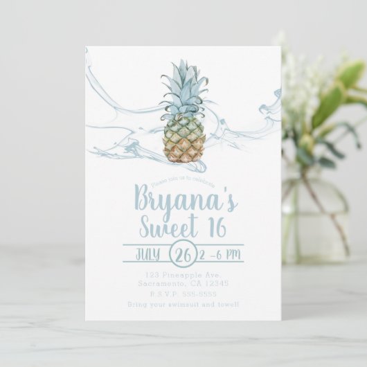 Dusty Blue Juicy Ananas Sommer Sweet 16 Party Einladung (Stehend Vorderseite)