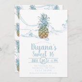 Dusty Blue Juicy Ananas Sommer Sweet 16 Party Einladung (Vorne/Hinten)