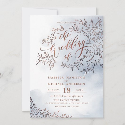 Dusty Blue Kalligraphie rustikale Blumenhochzeit Einladung (Vorderseite)