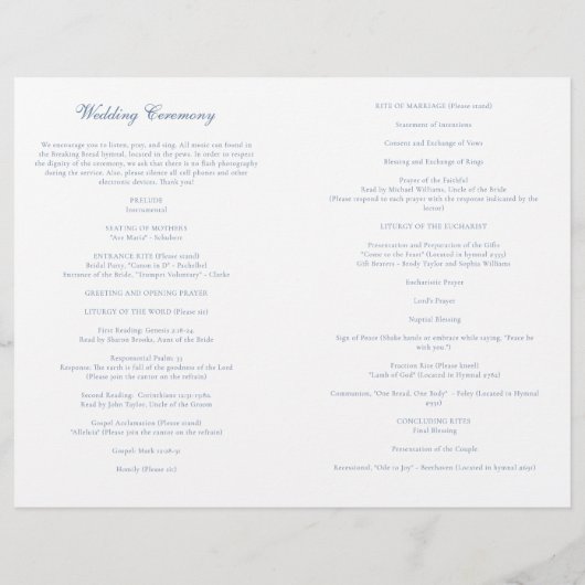 Dusty Blue Katholic Wedding Mass Zeremony Program (Rückseite)