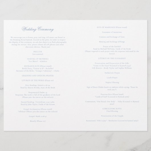 Dusty Blue Katholic Wedding Mass Zeremony Program (Rückseite)