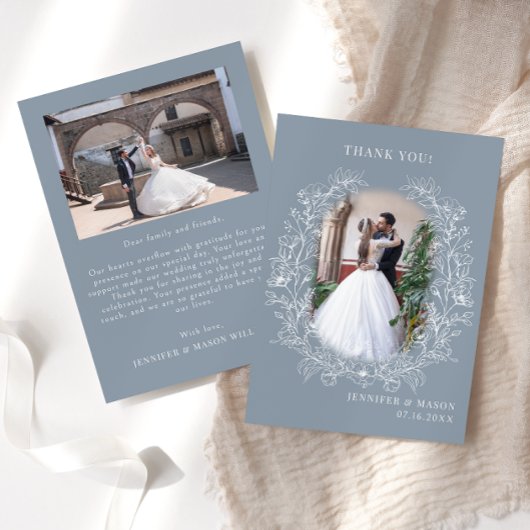 Dusty-blue klassischer Blumenkranz Hochzeitssemble Dankeskarte