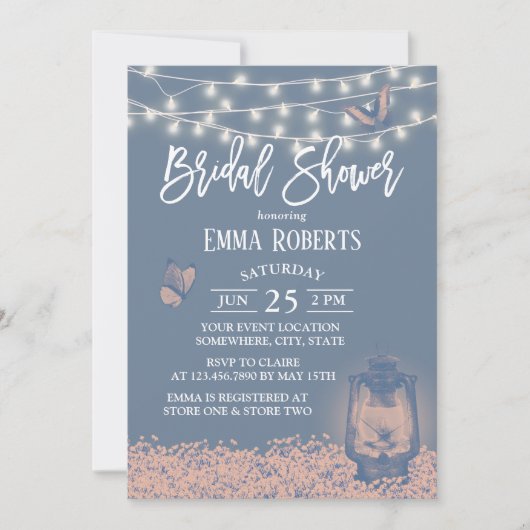 Dusty Blue Lantern & Gipskraut Brautparty Einladung (Vorderseite)