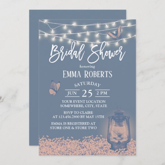 Dusty Blue Lantern & Gipskraut Brautparty Einladung (Vorne/Hinten)