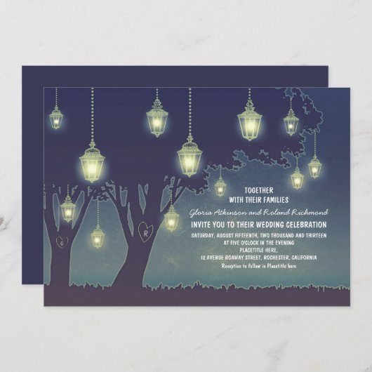 Dusty Blue Lantern Lights Tree Wedding Einladung (Vorne/Hinten)