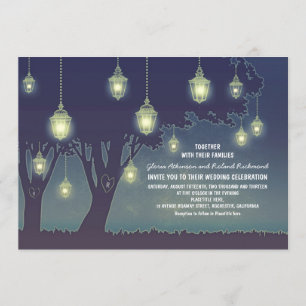 Dusty Blue Lantern Lights Tree Wedding Einladung