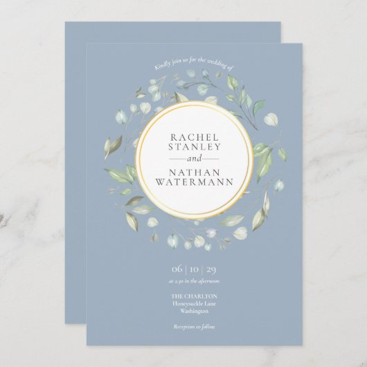 Dusty Blue Laurel Garland Grüne Hochzeit Einladung (Vorne/Hinten)