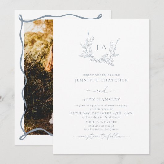 Dusty Blue Leaf Botanical Monogram Foto Wedding Einladung (Vorne/Hinten)