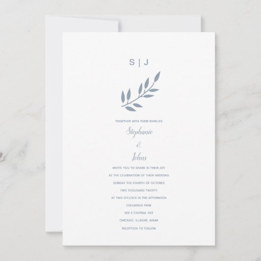 Dusty Blue Leaf Monogram Name Simple Wedding 2024 Einladung (Vorderseite)