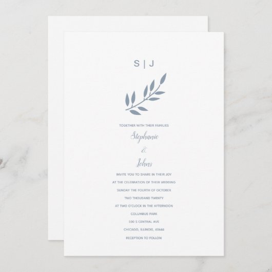 Dusty Blue Leaf Monogram Name Simple Wedding 2024 Einladung (Vorne/Hinten)