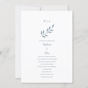 Dusty Blue Leaf Monogram Name Simple Wedding 2024 Einladung
