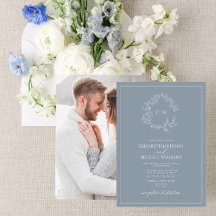 Dusty Blue Leafy Crest Monogram Photo Wedding