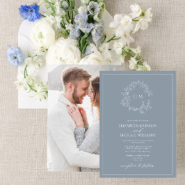Dusty Blue Leafy Crest Monogram Photo Wedding Einladung