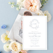 Dusty Blue Leafy Wappen Monogram Foto Wedding Einladung