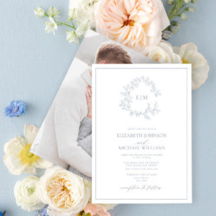 Dusty Blue Leafy Wappen Monogram Foto Wedding Einladung