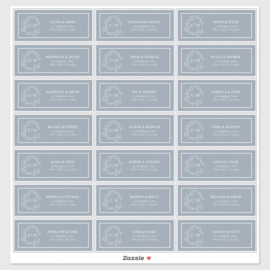 Dusty Blue Leafy Wappen Monogram Guest Address Aufkleber (Blatt)