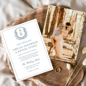 Dusty Blue Leafy Wappen Monogram Wedding Elegant Einladung