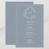 Dusty Blue Leafy Wappen Monogram Wedding Menu (Vorne/Hinten)
