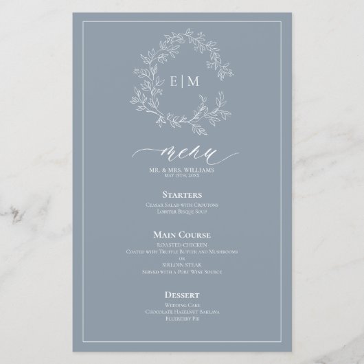 Dusty Blue Leafy Wappen Monogram Wedding Menu (Vorderseite)