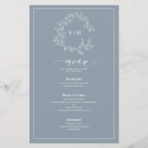 Dusty Blue Leafy Wappen Monogram Wedding Menu