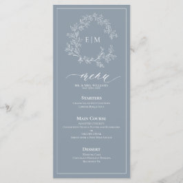 Dusty Blue Leafy Wappen Monogram Wedding Menu Menükarte