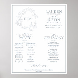 Dusty Blue Leafy Wappen Monogram Wedding Program Poster