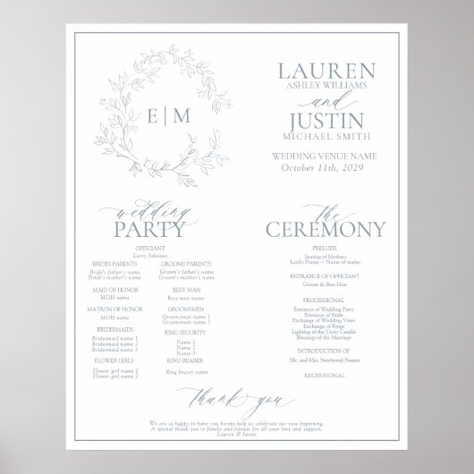 Dusty Blue Leafy Wappen Monogram Wedding Program Poster (Vorne)