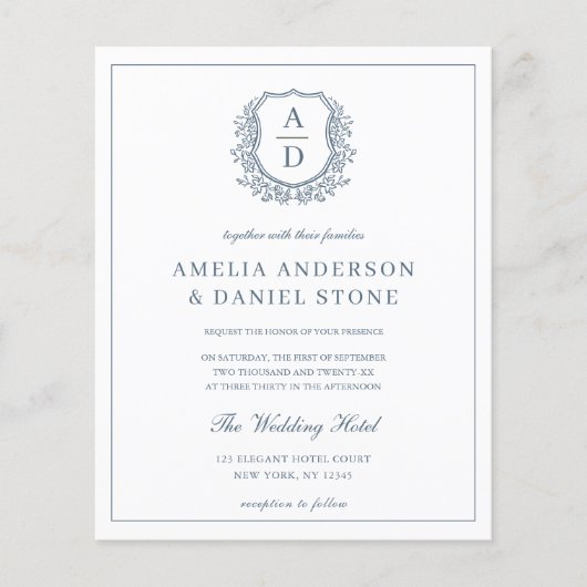 Dusty Blue Leafy Wappen Monogram Wedding QR Code (Vorderseite)
