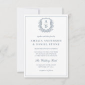 Dusty Blue Leafy Wappen Monogram Wedding QR Code Einladung (Vorderseite)