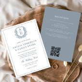 Dusty Blue Leafy Wappen Monogram Wedding QR Code Einladung